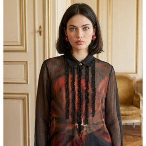 Vtg 90s Silk Floral Avant Garde Lagenlook Floral Ruffle Gothic Button Up Sz LP